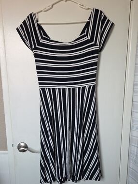 LOFT Navy and White Striped Midi Dress